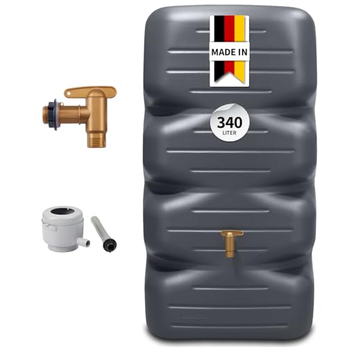 GARANTIA CUBUS Regentonne Komplett-Set 340 Liter Graphite Grey – Kompakter Regenwassertank mit Auslaufhahn + Fallrohranschluss – Platzsparender Gartentank/Wassertonne für Garten & Terrasse