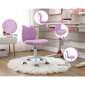 Modern cute cat kids desk chair comfortable fuzzy small desk chair for girls and boys ergonomic adjustable swivel computer chair hello kitty vanity chair study rolling stools with wheels purple  urban country home decor