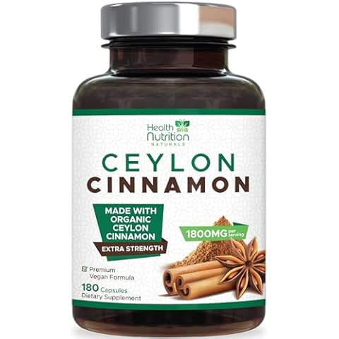 Organic Cinnamon Capsules 1800mg - Pure Ceylon Cinnamon Supplements, Certified Organic, Non-GMO, Gluten Free, Vegan, True Cinnamon Powder, Antioxidant Cinnamon Pills Supplement - 180 Count Capsules Cover