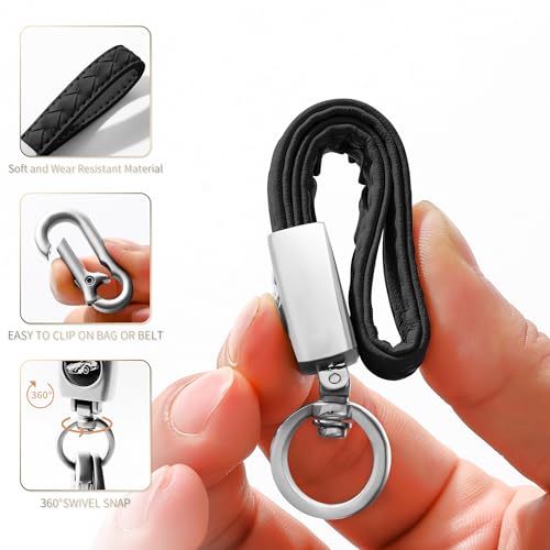 Image of Gkeygo Carabiner Keychain, Universal Heavy Duty Woven Handmade Leather Key Chain, Car Fob Key Keychains with 360 Degree Rotatable Snap Swivel and Anti-Lost D-Ring for Men and Women, Silver - Black