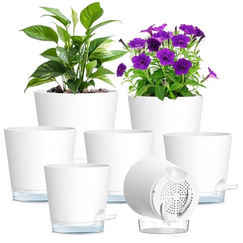 Meowell Self Watering Pots Set of 7 – Assorted Size 4" to 8" Indoor Plant Pots with Drainage Holes and Clear Reservoir for Visible Water Level, Plastic Wicking Planter for House Plants & Flower, White