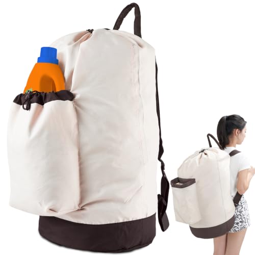 Mochila de lavandería grande con soporte para detergente y correas de hombro ajustables de tela gris
