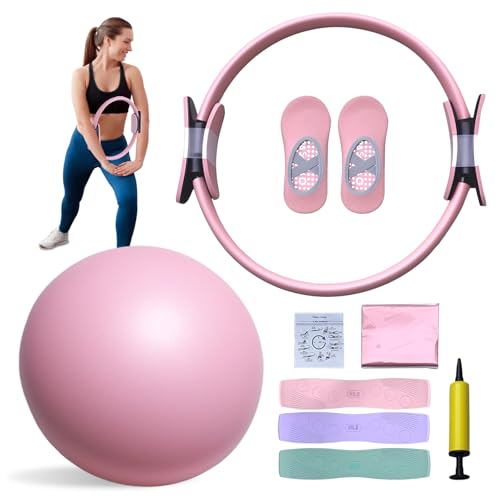 5 Impostare Kit Pilates Casa, Kit Home Fitness, Attrezzature Yoga Multifunzionali, Anello Pilates, Pallone Yoga, Fascia Di Resistenza, Yoga Fitness Allenamento per le donne (Rosa)