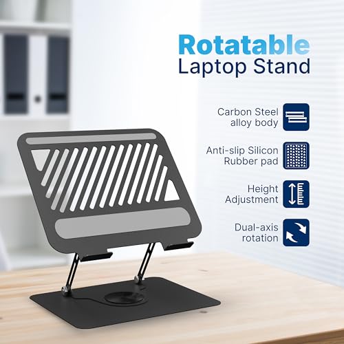 Image of Geonix Trek T2 Foldable Laptop Stand with 360 Rotating Base |Max 10 Kg | Multi-Angle & Height Adjustable Design | Improves Air Flow | Carbon Steel Build with Non-Slip Pads | Support Upto 17 inch (Black)