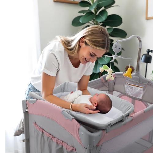 Image of Soobaby 5 in 1 Baby Crib,Bedside Sleeper,Bassinet,Pack and Play with Bassinet and Changing Table,Portable Travel Playpen Music Box,Portable Travel Crib for Infant Newborn (Pink Gray)