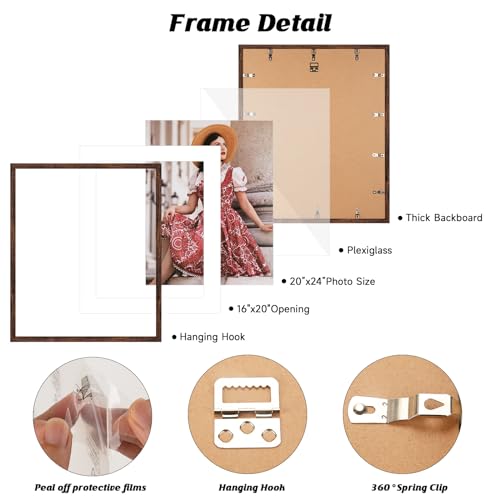 Image of HLiWEGNS Dark Brown 20x24 Frame Set of 3 - Rustic Woodgrain 20 x 24 Poster Frame for Pictures 16x20 with Mat or 20x24 Picture Frame Without mat for Wall Gallery Display - Ideal Christmas Day