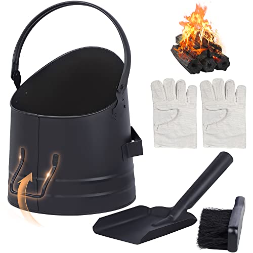 NATURAL EXPRESSIONS Black Fireplace Ash Bucket, Coal Bucket with Shovel,Hand Broom and Heat Resistant Gloves, Metal Buckets Pail Ash Can for Pellet Charcoal Wood Fire Pits