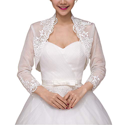 YO-HAPPY Châle de Mariage, Femmes 3/4 Manches Veste de Mariage Cape Floral Dentelle Garniture Wrap Shrug Bolero Cardigan