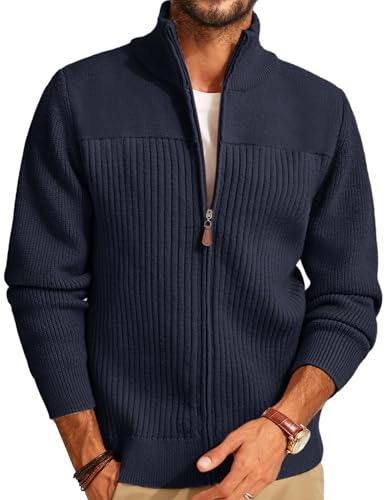 Image of PJ PAUL JONES Cardigans for Men Stand Collar Knitted Cardigan Casual Full Zip up Cardigan Warm Winter Jumper XXL Navy Blue