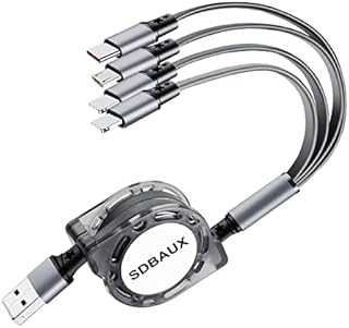 Multi Charger Cable 1M/3A, SDBAUX Universal Charge 4 in 1 Retractable USB Fast Charging Cord Lead with 2 iP Micro USB Type C Port for Phone, Samsung Galaxy S21 S20 A7 J7, LG, Huawei, Xiaomi, Sony, PS5