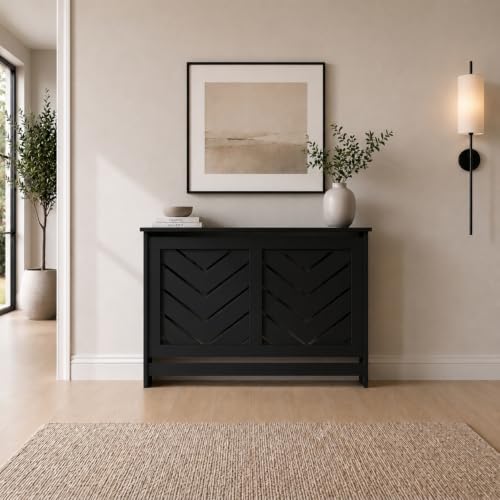 Image of DuraTherm® Arrow Radiator Cover Black Modern Chevron Slat Shelves MDF Cabinet Shelf for Radiators, Living Rooms, Bedrooms, Medium (W: 111.5cm / H: 81.5cm / D: 21cm)