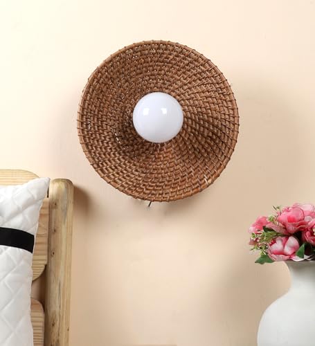 Image of AKWAY Rattan wall Lamps for Living Room | Bamboo wall Lights for Bedroom | Cane wall scones for Home Decoration (Cane Small Saucer - Brown)