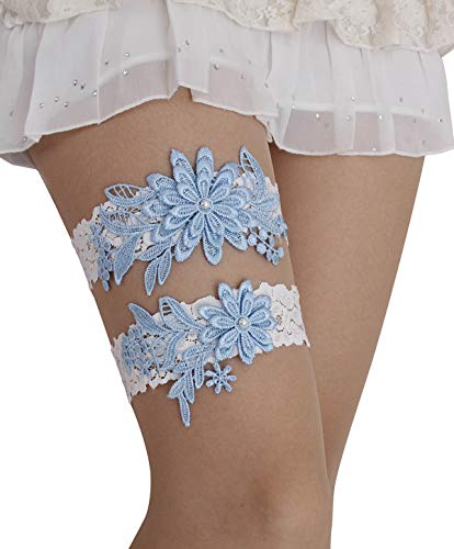 Wedding Garters For Bride, Blue White Bridal Lace Garter Set With Pearl. #TOP1