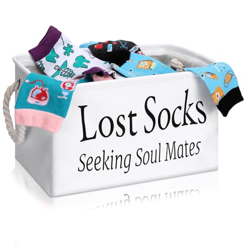 Dingion Lost Socks Basket for Laundry Room Lost Socks Sign Bin Farmhouse Laundry Room Decor and Accessories Polyester Fabric White, 13.78 x 9.45 x 7.87 Inch
