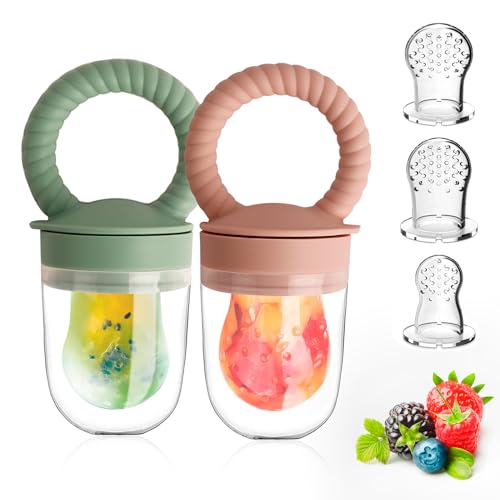Image of HAOBAOBEI Baby Solids/Frozen Fruit Feeder Pacifier, Infant Teether Toy 4M+, BPA-Free Silicone Pouch & Nipple, Safely Introduce Solids, Teething Relief, 2-Pack (Ring - Green Pink)