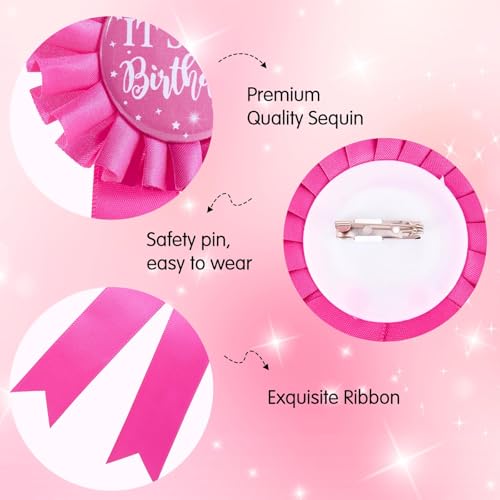 It's My Birthday Brooch, Pink Satin Fabric Happy Birthday Tinplate Badge Pin for Girls, Award Badge Party Decoration4