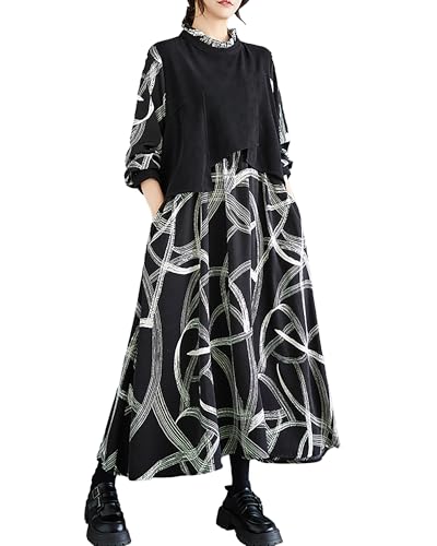 ellazhu Women's Dress Long Sleeve High Neck Random Strings Patchwork Black and White Pockets Loose GZ306 A