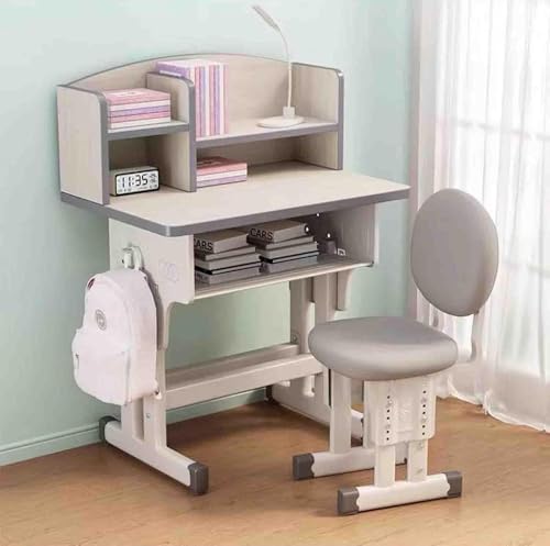 Kids' Study Desk Chair Sets, Adjustable Height, Ergonomic Design, with Large Storage Drawer and Bookshelf, Grey, for Bedroom