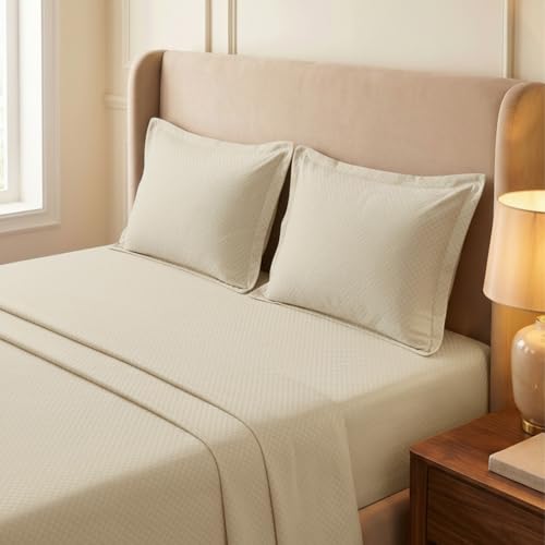 Image of LANE LINEN 400TC 100% Cotton Micro Check King Size Bedsheet - Linen | OEKO-Tex Certified, 108 x 108 Inch, Fits King & Double Size Bed, Breathable & Wrinkle-Free, Includes 2 Pillow Covers