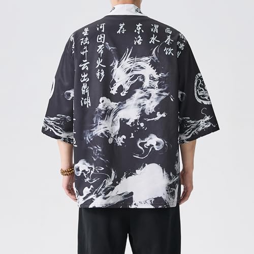 Image of PRIJOUHE Men's Lightweight Kimono Jacket Seven Sleeve Open Front Cardigan Coat Japanese Style Bathrobe