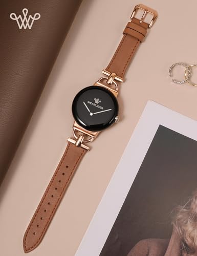 Image of Wearlizer Leather Bands Compatible with Google Pixel Watch 4 /3 41mm /Pixel Watch 2 /1 Band Women, Dressy Designer Slim Leather Strap with D-Shape Metal Buckle for Pixel Smartwatch Accessories