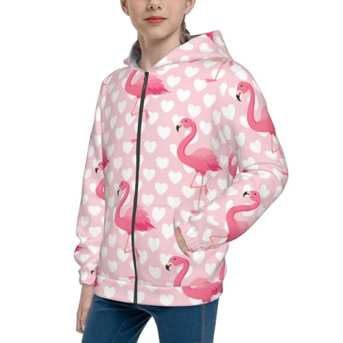 Cute Flamingo with Heart Kid Hoodies Boys Zip Up Sweatshirts Girls Pullover with Pocket