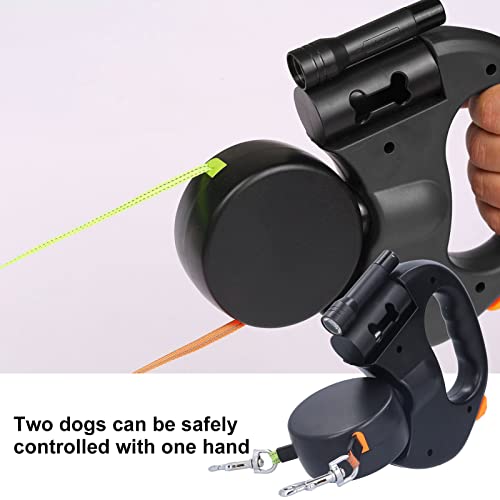 Ausziehbare Doppel Hundeleine für 2 Hunde mit Licht und Spender - 360° Drehbar für zugfreies Spiel, 3,0m Seil für Haustiere bis 25kg