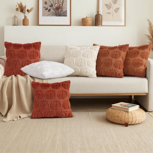 Image of decorUhome Fall Decorative Rust Pumpkin Throw Pillow Covers 16x16 Set of 2, Soft Faux Fur Plush Farmhouse Accent Pillow Cases for Couch Bed Sofa Autumn Harvest Halloween Holiday Home Decor