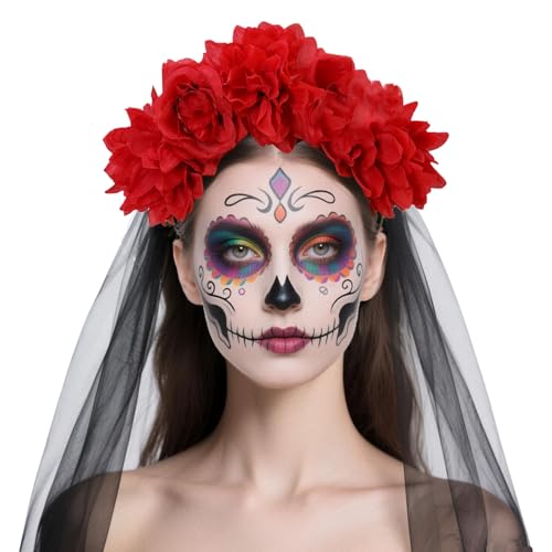 Serre-tête de rose avec voile noir pour Halloween, couronne de fleurs, couronne, cadavre, accessoire de cosplay, tatouages temporaires pour fête gothique, funéraire, carnaval, 4 pièces