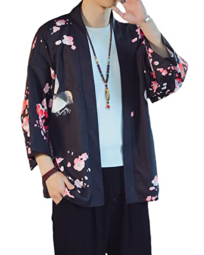 Image of PRIJOUHE Men's Lightweight Kimono Jacket Seven Sleeve Open Front Cardigan Coat Japanese Style Bathrobe