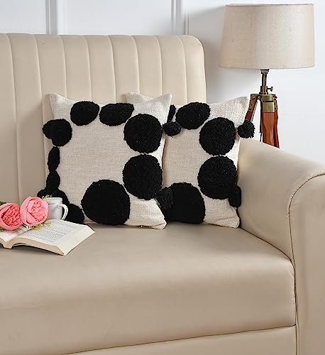 Image of TIB Premium Boho Decorative Throw Cushion Covers, 16 x 16 cm, Set of 2, Cotton. (Circle Black)-230 TC