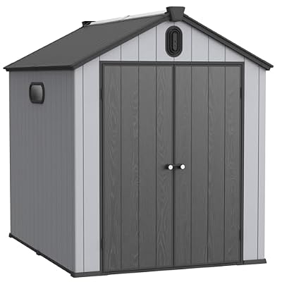 6x8 FT Outdoor Storage Shed with Floor, All-Weather Resin Garden Shed with Windows, Vents and Lockable Double Doors for Garden Tools, Bikes, Sundries, Waterproof, Easy to Install (Black Grey, 6*8ft)