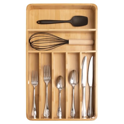 KitchenEdge Silverware Organizer - Cutlery, Flatware, and Utensil Holder for Kitchen Drawers, Fixed 10.5” Width, 7 Storage Compartments, Non-Slip Feet, Rounded Corners, 100% Bamboo