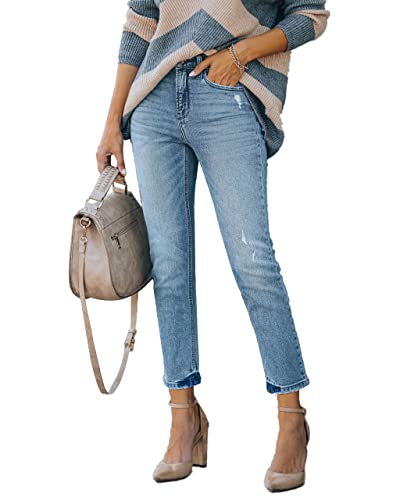 Lesore Womens High Waist Washed Raw Hem Boyfriend Ripped Distressed Destroyed Straight Leg Cropped Jeans Denim Pants Pockets Blue 29 #TOP1