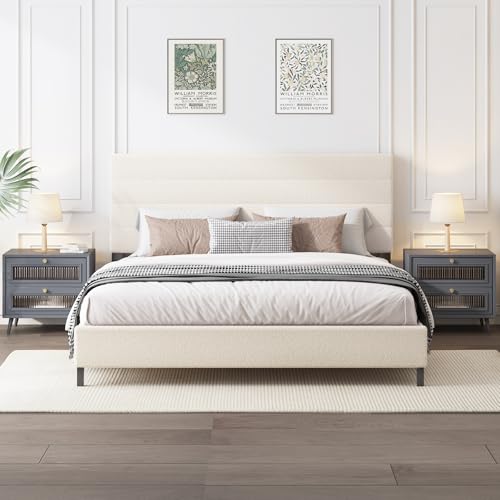 Furnihome Queen Bed Frame, Modern Sherpa Upholstered Bed Frame with