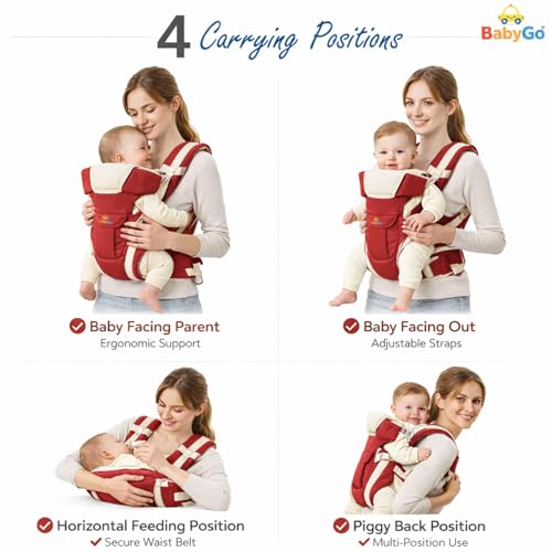 Image of BabyGo Kid Seat Baby Hip Carrier 4-in-1 Adjustable Baby Carrier Cum Kangaroo Bag| Front, Back|for 6 to 24 Months Baby|Newborn to Toddler Carrier|Safety Belt & Buckle Straps|Up to 15 Kgs (Maroon)
