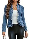 Womens Ruffled Denim Jackets Collarless Denim Jacket Jean Jacket Women Vintage Button Down Cropped Ruffle Hem Jackets