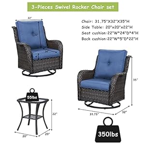 3 pieces patio bistro set outdoor wicker rocking swivel chairs set with 2 swivel chairs and 1 glass top side table for outside deck porch gardenbrown wickerblue cushion  urban country home decor