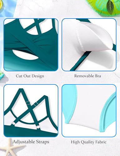 Image of Girl Swimsuit One Piece Cutout Ruched Bathing Suit for Girls Color Block Adjustable Straps Pad Swimwear 9-18y