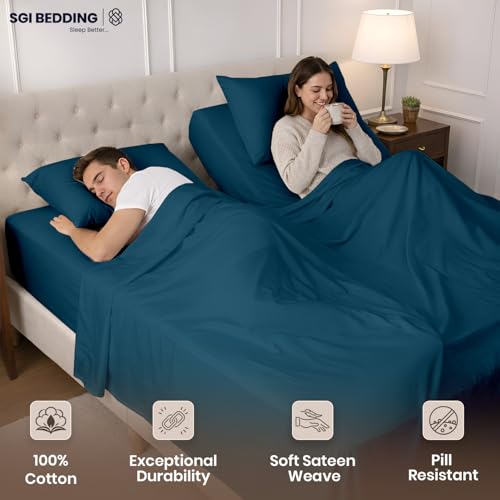 Image of SGI Split King Sheet Set for Adjustable Bed Egyptian Premium Cotton 600 Thread Count Sheets for Sleep Number Bed 15 inch Deep Pocket 5 Pc Set with 2 Twin XL Fitted Sheets Soft Breathable -Teal
