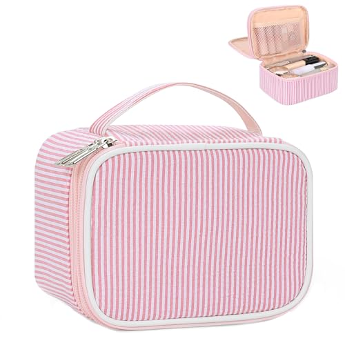Relavel Travel Makeup Bag, Small Pink Cosmetic Bag with 2 Makeup Brush Holders, Portable Makeup Pouch for Women, Cute Toiletry Bag with Double Layer Organizer, Strip