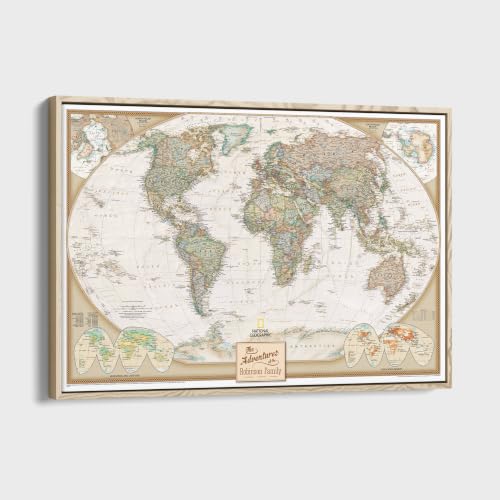 Image of Executive World Push Pin Map - National Geographic Antique Style Canvas Travel Tracker - Extra Large Framed Wall Decor - Natural Float Frame - 34 inch x 51 inch