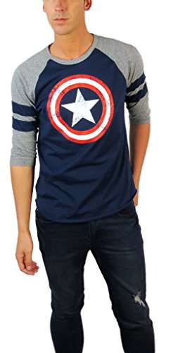Marvel Mens Captain America Distressed Shield Varsity Football 3/4 Sleeve Raglan (Medium, Navy)