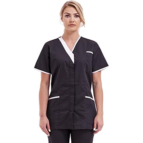 Fashion Link Womens Healthcare Bold Trim Tunic Nurses Uniform Maid Housekeeper Beautician with Highlighted Contrast Trim Size S to XL Multicolored (L, Black) Cover