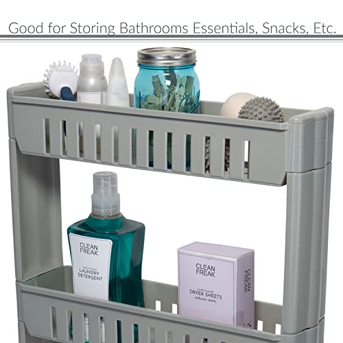 Simplify 3 Tier Slim Side Out Storage Cart | Multi-Purpose Organization | Rolling | Wheels | Fits Small Spaces | Laundry Room | Kitchen | Office | Grey