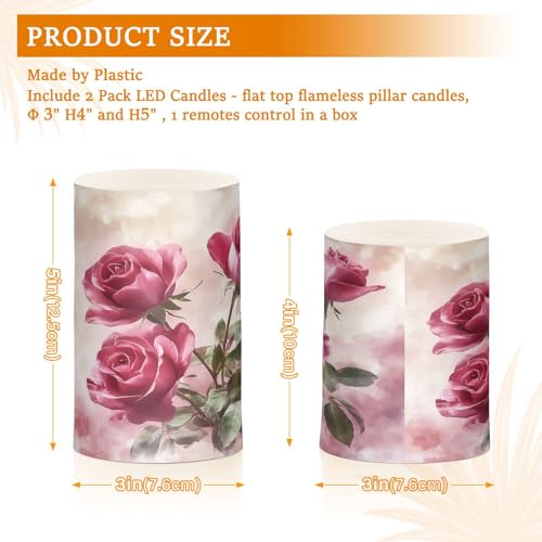 Image of Watercolor Rose Flickering Flameless Candles LED Battery Operated with Remote Timer Pillar Candles for Home Birthday Wedding Christmas Decor, Set of 2