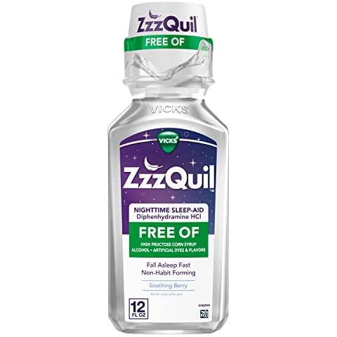 ZzzQuil, Nighttime Sleep Aid Liquid, FREE OF Alcohol & Artificial Dyes, 50 mg Diphenhydramine HCl, No.1 Sleep Aid Brand, Fall Asleep Fast, Non-Habit Forming, Soothing Berry Flavor, 12 FL OZ Cover
