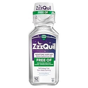 ZzzQuil, Nighttime Sleep Aid Liquid, FREE OF Alcohol & Artificial Dyes, 50 mg Diphenhydramine HCl, No.1 Sleep Aid Brand, Fall Asleep Fast, Non-Habit Forming, Soothing Berry Flavor, 12 FL OZ
