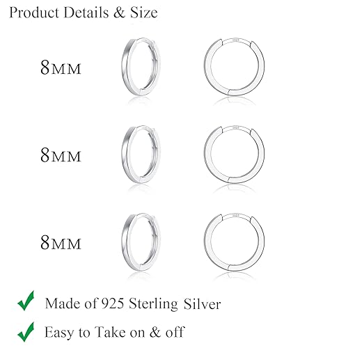 3 Pairs 925 Sterling Silver Small Huggie Hoop Earrings for Women Men 8mm by Bsoepnr - Used condition - Image 2