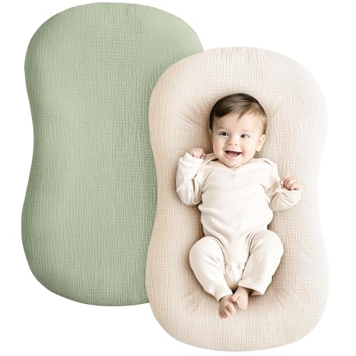 Image of Konssy Muslin Baby Lounger Cover 2 Pack, 100% Cotton Newborn Lounger Cover, Soft and Breathable Lounger Cover for Boys Girls, Covers Only (Sage,Cream)